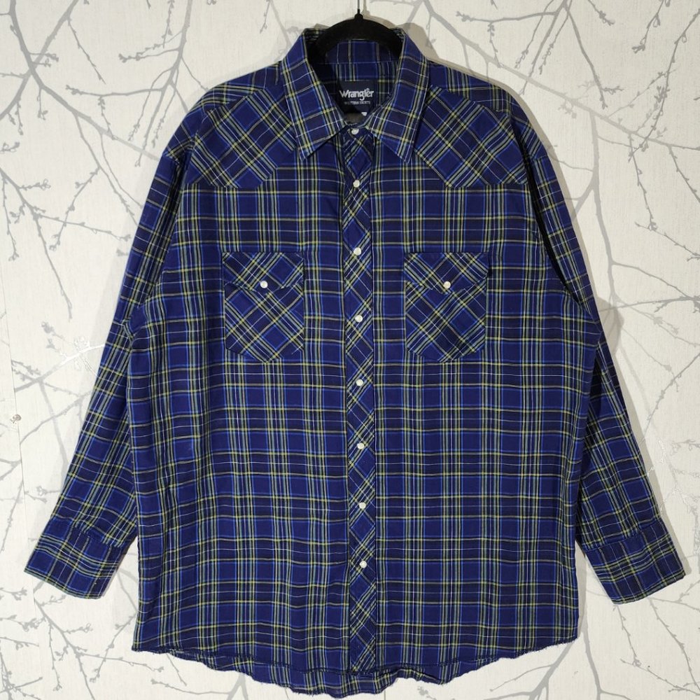 Wrangler Blue Plaid Checks Pearl Snap Western Shirt
